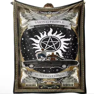 Supernatural Hunter Family Flannel Slogan Print Blanket, Star & Impala Car Theme, Lightweight Seasonal Throw, Home Decor, Party Decoration, Travel Camping