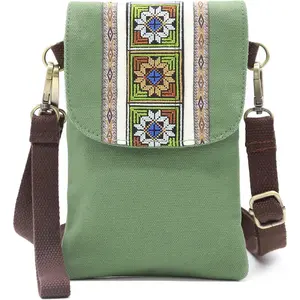 Embroidered Canvas Flip Small Crossbody Bag Cell Phone Pouch for Women Wristlet Wallet Bag  Purse