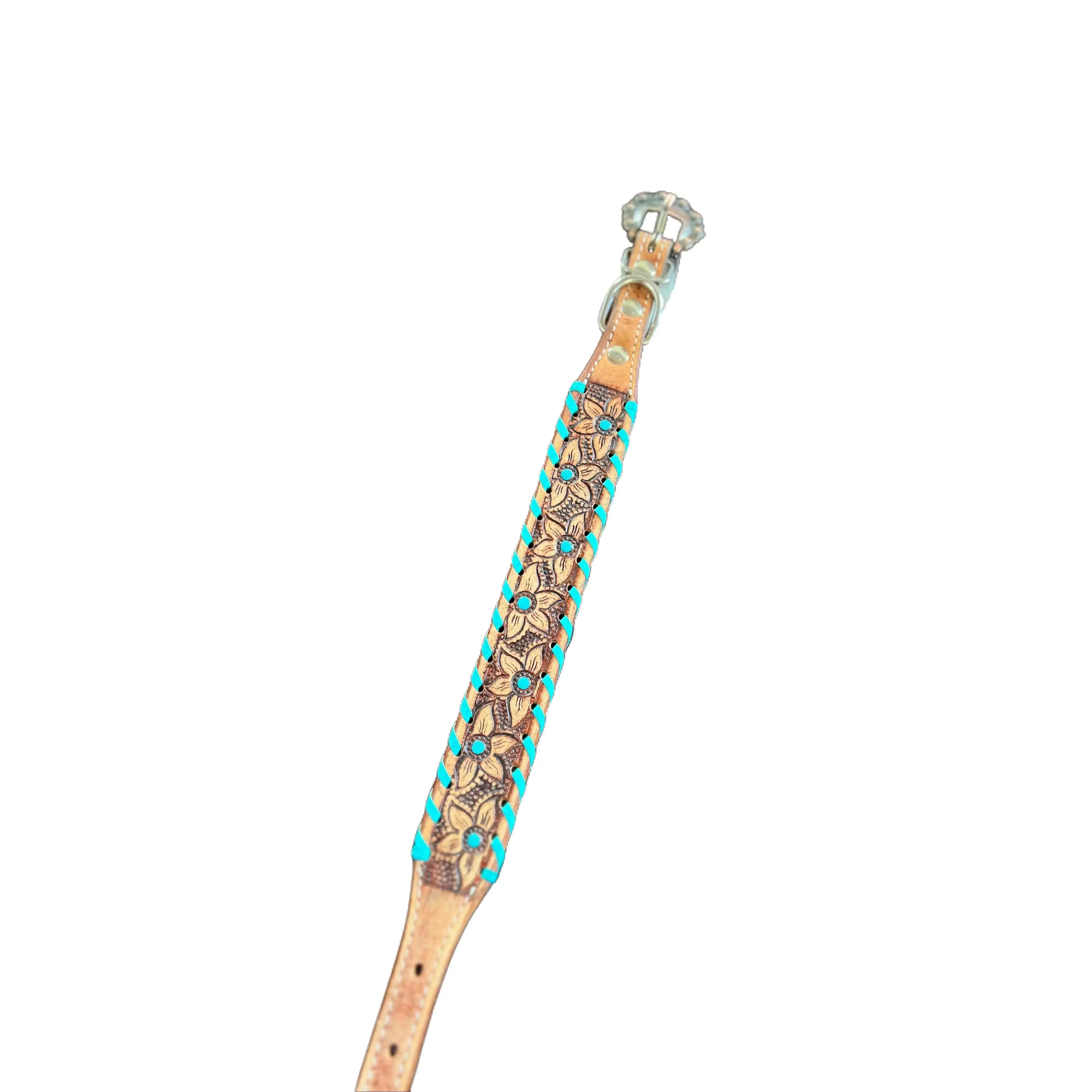 Genuine leather dog collar with teal rawhide.