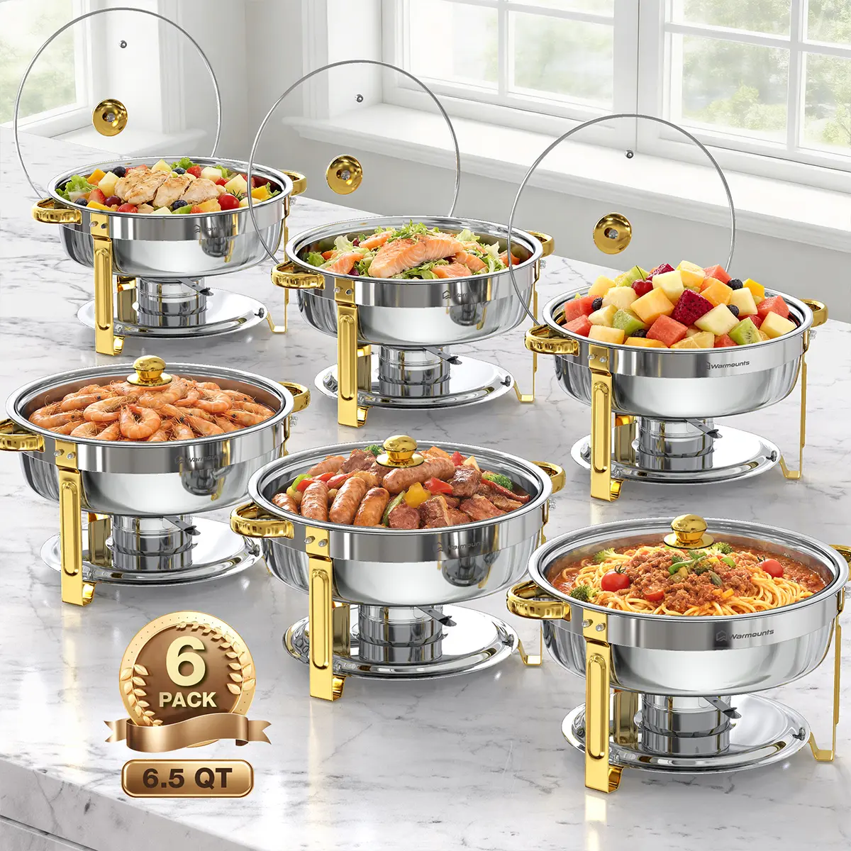 WARMOUNTS 6.5QT Gold Round Chafing Dishes (Kitchen Supplies, Bakeware) - Mirror-Polished Stainless Steel Buffet Warmers with Glass Lid, Rolled Rim, Stackable, Lid Holder, Dishwasher Safe (2/4/6 Pack) for Easter Brunch