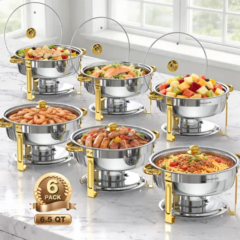 [FallDealsForYou] WARMOUNTS 6.5QT Gold Round Chafing Dishes - Stainless Steel Cookware with Mirror Polish, Large Cap, 20% More Capacity, Glass Lid, Rolled Rim, Stackable Storage, Lid Holder, Dishwasher Safe (2/4/6 Packs) for Family Gatherings, Easter