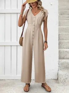 Solid Color Elastic High-Waist Wide-Leg Jumpsuit, Fitted H-Type Silhouette, Short Sleeve, Plain Surface, Unlined