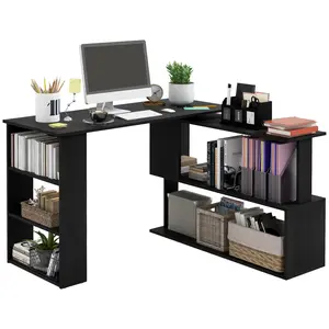 360° Rotating L-Shaped Corner Desk – Black. Desk & Shelf Rotate (L-Shape, Straight or Overlapped). Large Surface + 2-Tier S-Shelf + 3-Shelf Bookcase. Easy Assembly