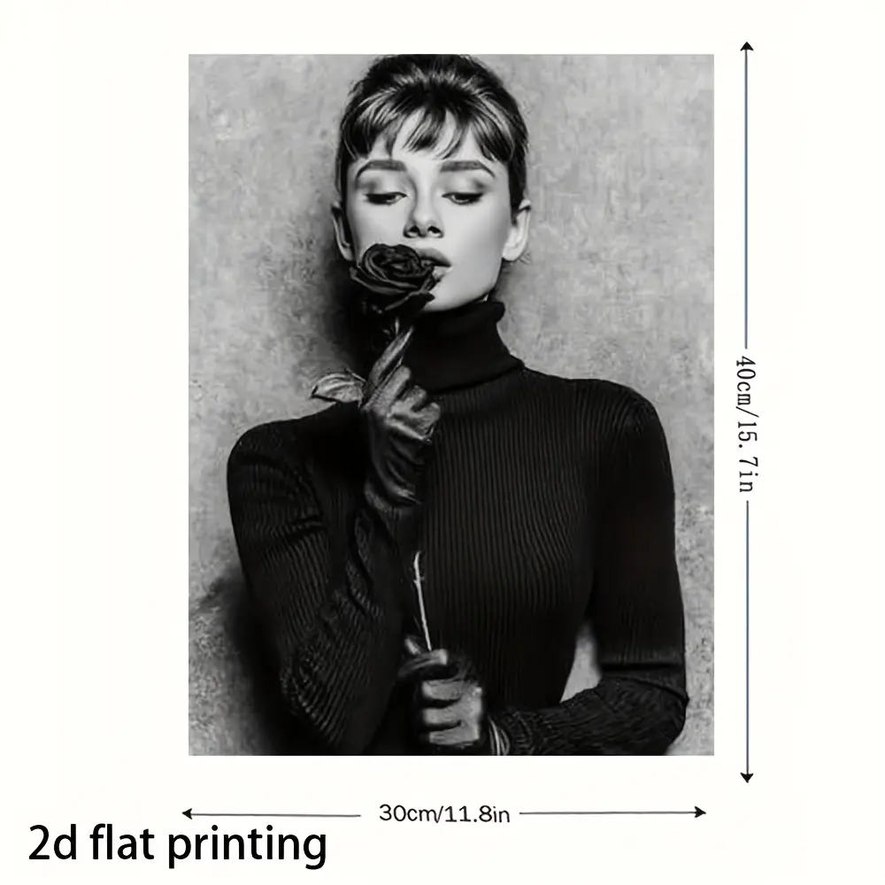 Audrey Hepburn Plaid Decorative Poster - Rose-Holding Woman Print, 8x15in (17.78cm) Reusable Wooden Frame, Herringbone Home Wall Art, Back to School, 4th of July, Father's Day, Labor Day, Hanukkah