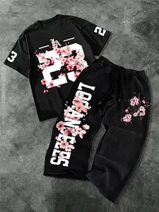 Men's Gothic Style Fashion Graphic Floral Prints Short Sleeve Long Pants Set, Round Neck T-Shirt + Straight Leg Pants, Casual Streetwear, All Seasons Clothes