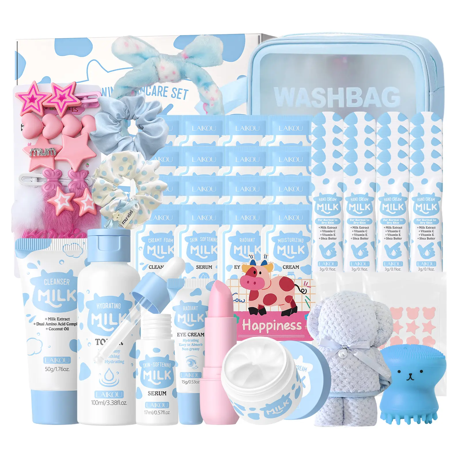 Milk Skincare Set – Skincare for girls aged 10–12 – Kids’ skincare set including milk cleanser, serum, face cream, toner, eye cream, hand cream, lip balm, pimple patches, octopus brush, hairpin set, bear towel, wash bag – gentle skincare suitable for all