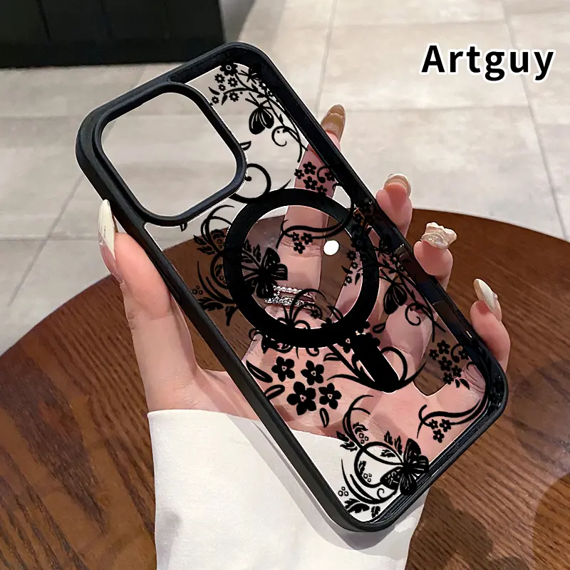 Elegant Floral Vines Pattern Shockproof Case for iPhone 17 Pro Max,16 Plus,15,14,13,12,11,Air - Non-Yellowing Crystal Transparent Acrylic Soft Smartphone/Cellphone/Handheld Device Cover with Protection & Wireless Charging Support