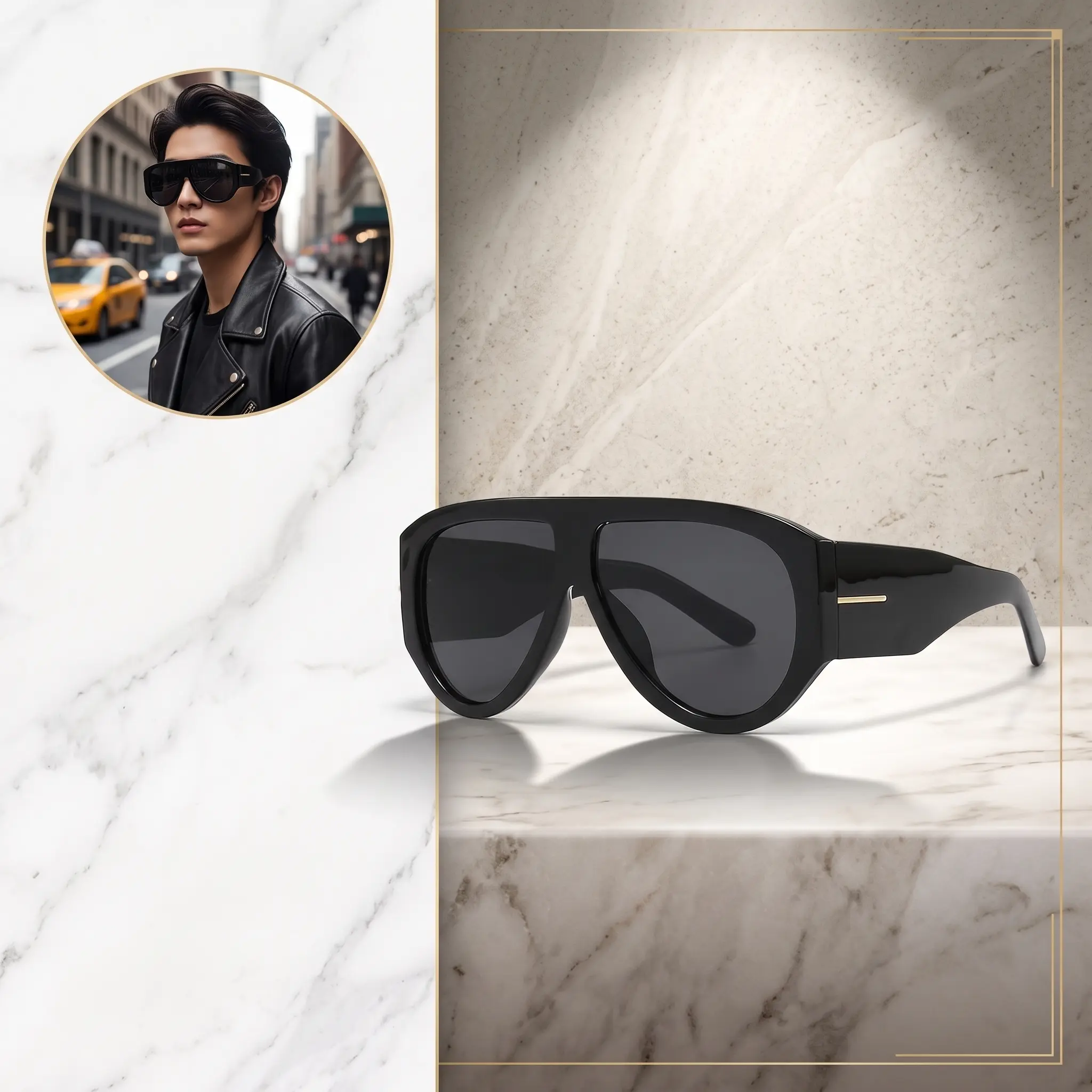 Premium Classic Black Sunglasses, UV400 Protection Big Flat Top Shield Aviators, Lightweight Comfort Daily Wear Streetwear Shades
