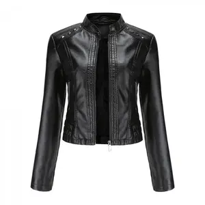 Women’s riveted leather jacket for spring and autumn, long sleeves, stand collar, fits basic black minimalist coat, sizes S–4XL, casual fashion coat — women’s wear