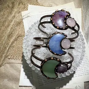 Lamirom Sun and Moon Retro Bracelet Adjustable Bangle for Women Men Natural Crystal Healing Energy Solstice Gemstone Anklet Carnelian Agate Rose Quartz Celestial Moon Phase Crystal Cuff Bracelets