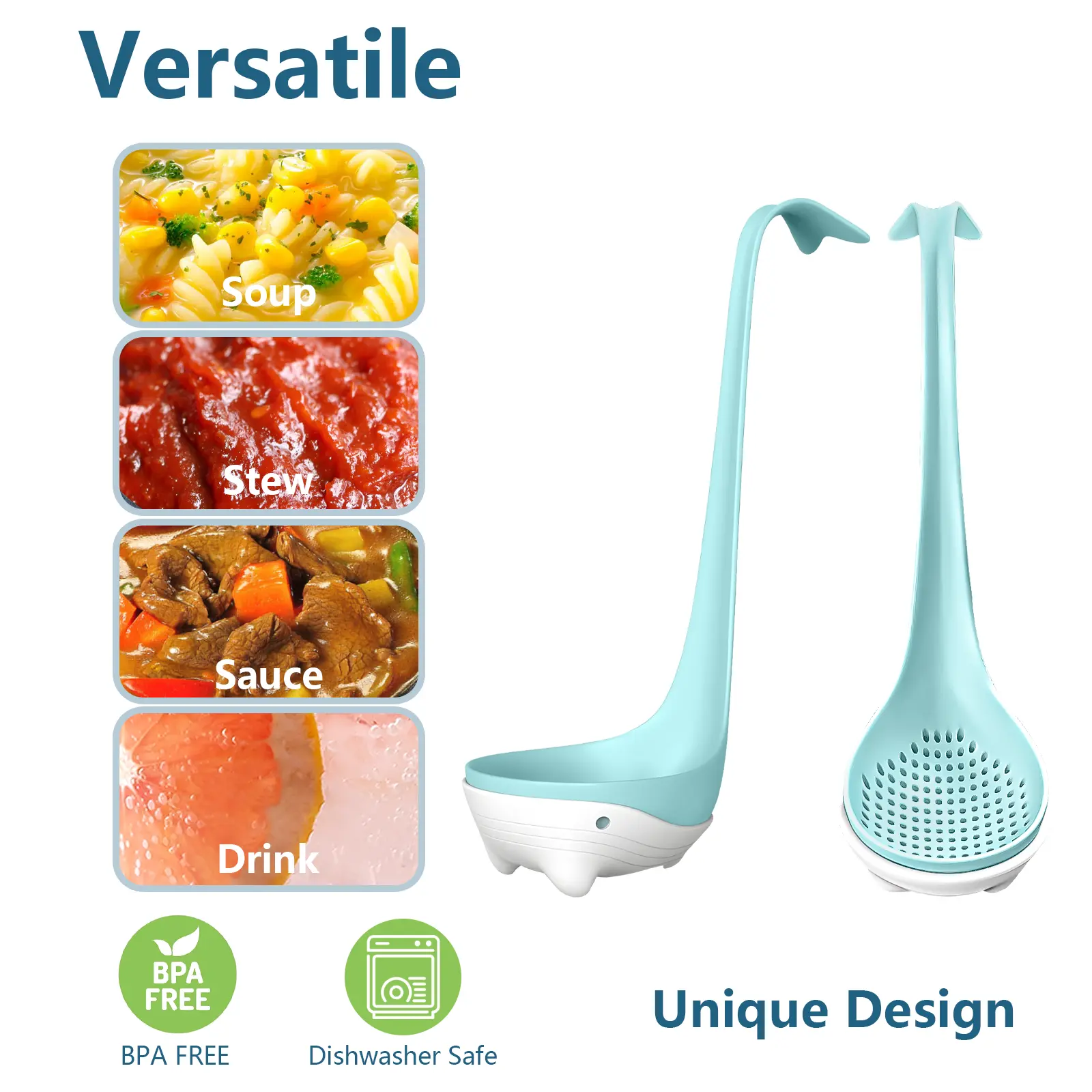Summer Sale Innovative Whale-Shaped 2-in-1 Soup Ladle and Colander Set. Features removable base, food-grade safe material, heat and dirt resistant design. Ideal for modern kitchen use