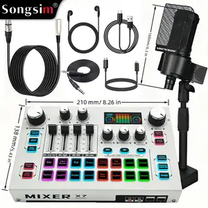 Songsim-X7 mixer + AT2020 microphone professional live streaming audio kit, high-end real-time sound card, supports independent channel adjustment and custom effects; recording-grade microphone. Compatible with computers and mobile phones; suitable for ga