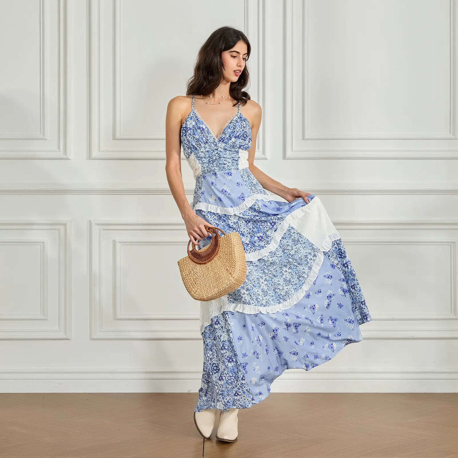 Women's Casual Summer Lace Patchwork Dress Puffy Short Halter Neck Smocked Tiered Ruffle Dresses