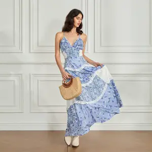 Women's Casual Summer Lace Patchwork Dress Puffy Short Halter Neck Smocked Tiered Ruffle Dresses