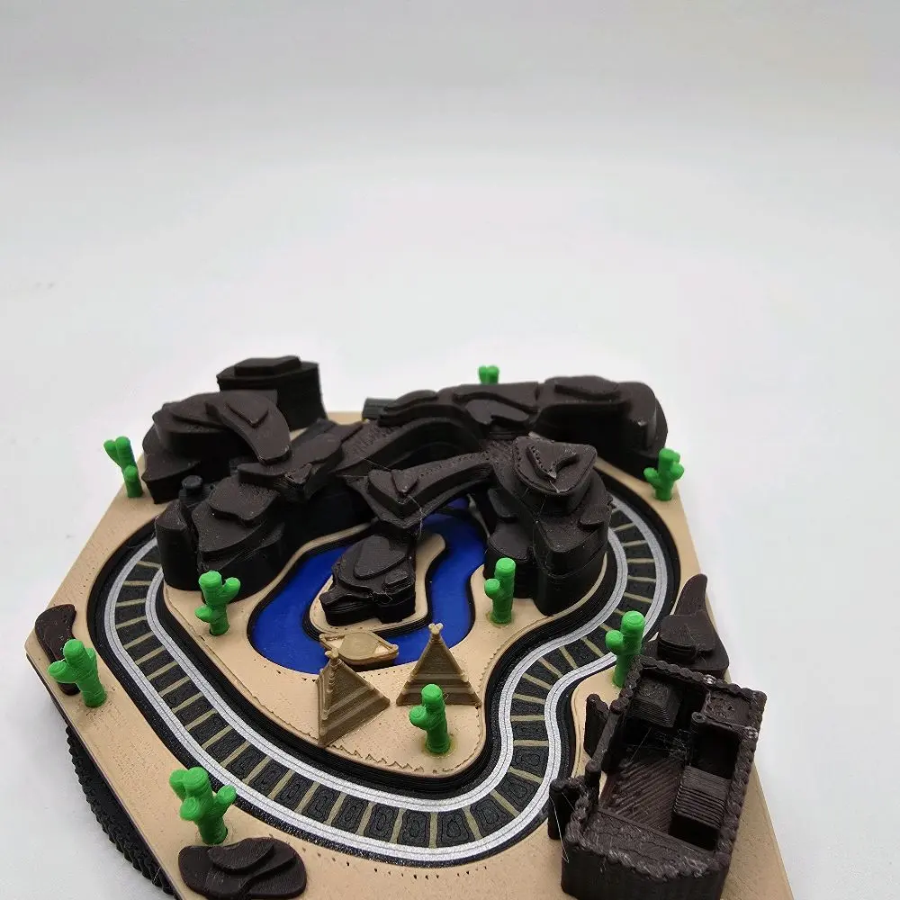 Mini Mountain Campsite Train Diorama | Hand Crank Kinetic Train & Canoe | Interactive Desktop Display | 3D Printed Miniature Camp Scene
