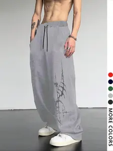 Men's Casual Sporty Long Pants, Cross Pattern Print Sweatpants, Drawstring Wide Leg Loose Fit, All Season Men's Clothing, Athleisure Style Bottoms