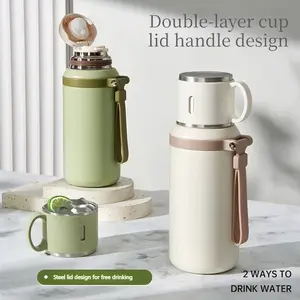 600ML Stainless Steel Insulated Water Bottle, Vacuum Flask with Carry Strap, Dual-Function Coffee Cup for Hot & Cold Drinks, Reusable Leakproof Travel Mug, Portable for Camping, Cycling, Home & Office