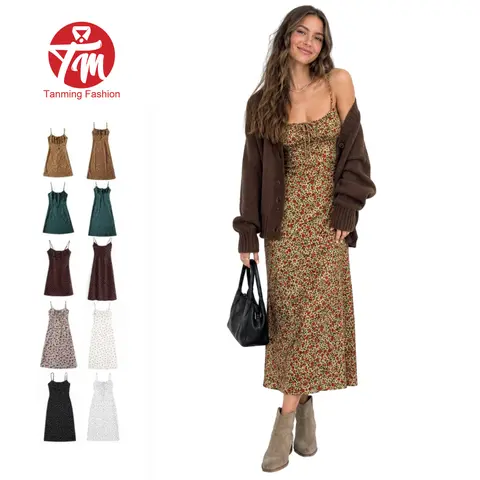 Tanming Womens Floral Print Maxi Dress Casual Boho Spaghetti Strap Cami Long Dress Elegant Low-Cut Square Neck Slip Dress with Adjustable Straps & Elastic Neckline for Spring Summer Fall