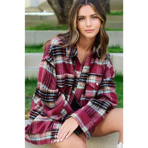 LOOSE FIT RAW EDGE BUTTON FRONT PLAID SHACKET La Miel JKT1797