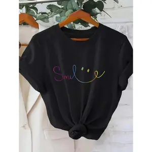 Women Colorful Smile Print Round Neck Short Sleeve Casual T-Shirt