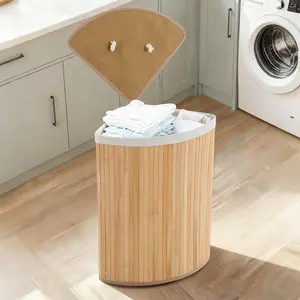 Space-Saving Corner Laundry Hamper with Lid – Sturdy Bamboo Frame & Eco-Friendly Fabric, Removable Washable Liner, Foldable for Small Bathrooms & Bedrooms