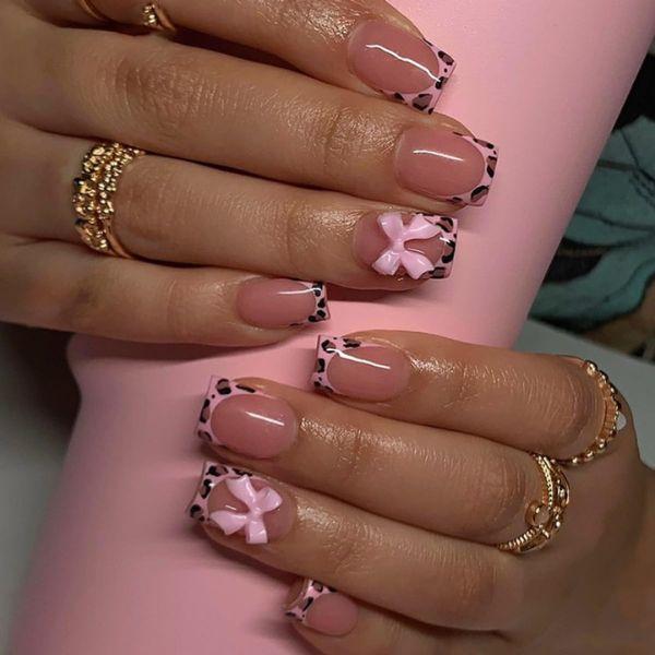24 Pcs Short Press On Nails – Leopard French Tip with Pink Glossy Bow Design, Full Cover Glue-On False Nails for Women, New Year Gift Manicure Set