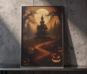 Haunted House Path with Pumpkins Full Moon Wall Art, Spooky Halloween Poster, Creepy Haunted Mansion Horror Night Prints Frameless