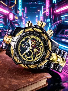 Rugged Black Gold Analog Quartz Watch 3D Cable Bezel Skeleton Dial Hip Hop Streetwear Wristwatch & Gift Packing