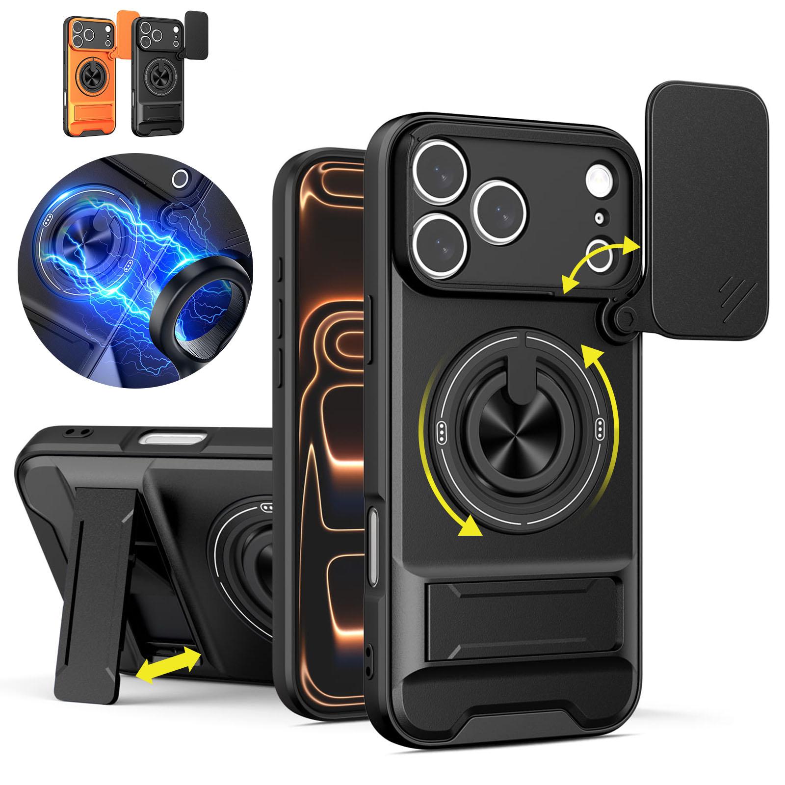 Case for iPhone 17 16 15 Pro Max 17 Air Plus with Slide Camera Lens Protection Cover, 360° Rotating Ring Kickstand, MagSafe Magnetic Holder, Military Grade Shockproof Protective Phone Cover
