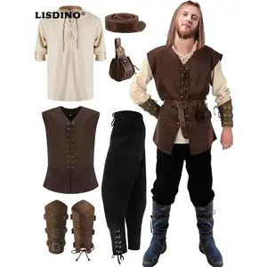 6 Pcs Men's Halloween Renaissance Costume Set Medieval Vest Shirt Ankle Banded Pants Viking Belt Armband Pouch