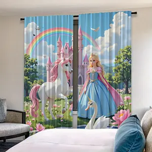 Princess Unicorn Print Curtains, Half-Transparent Privacy Curtains, Rod Pocket Design, Easy to Hang, Home Decor for Bedroom, Living Room, Kitchen