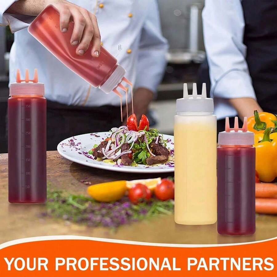 2pcs Multi-Purpose Kitchen Squeeze Bottles With 3-Hole Graduated Design - PE Material, Ideal For Sauces, Condiments & Baking - Includes White, Red And Amber Nozzles, Condiment Dispenser |   Modern Kitchenware |   Translucent Material, Soy Sauce Squeeze Bo