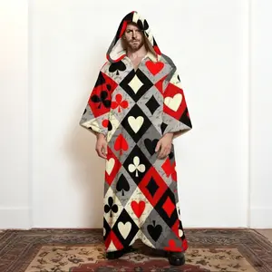 Men's Hooded Loose Fit Flannel Caftan Robe with Playing Cards Print - Soft Poker Pattern Long Sleeve Plush Kimono Robe with Pockets and Belt, Unique Novelty Lounge Wear for Home, Party, Gifts