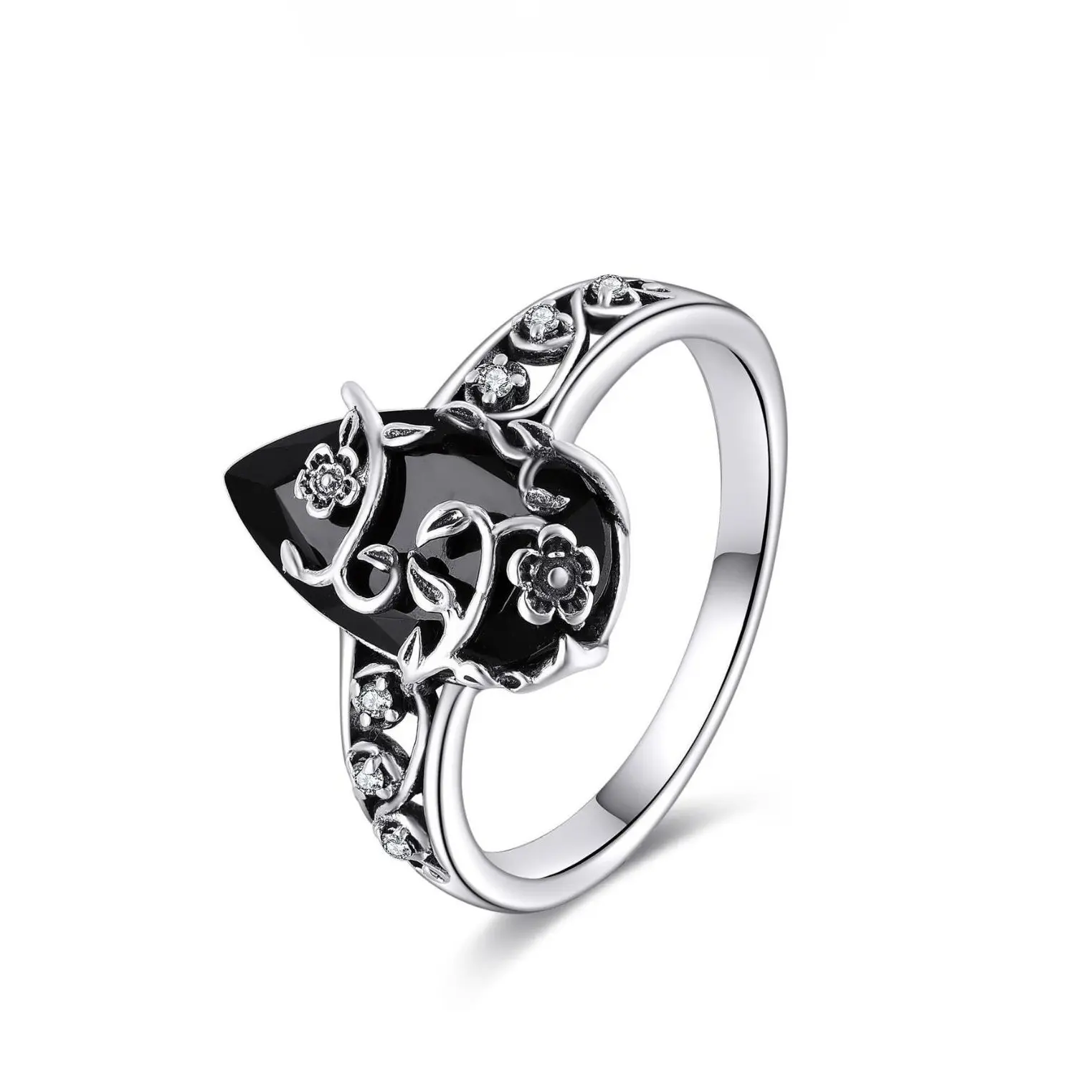 925 Silver Obsidian Ring, Synthetic Black Onyx And Floral 