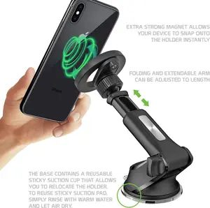Magnetic Car Phone Mount with Strong N52 Magnets 360° Rotation Telescopic Arm Reusable Suction Cup Dashboard Windshield Holder for Apple iPhone Samsung and More