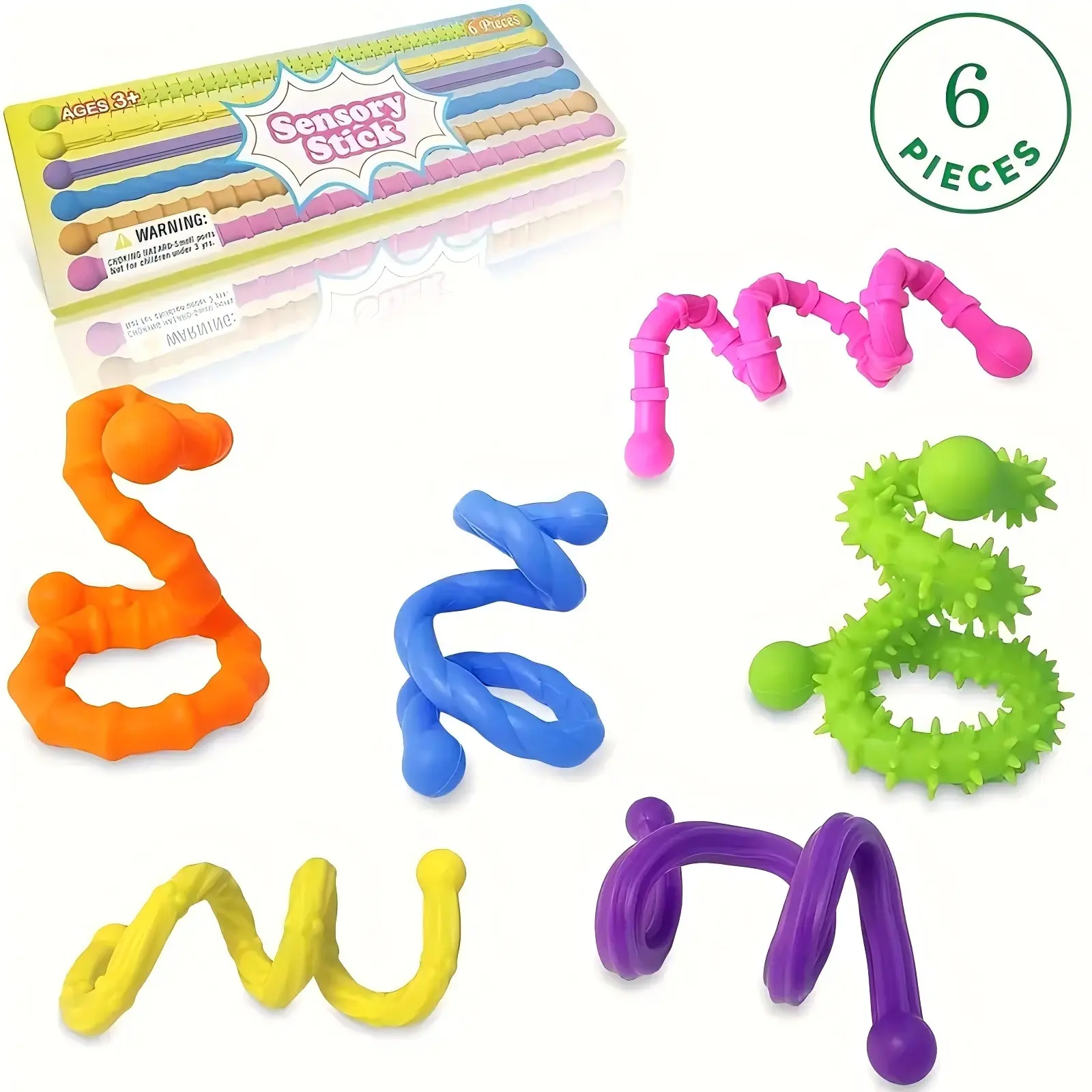 6PCS Sensory Fidget Sticks, Quiet Textured Twisting Toys for Kids, Durable Bendable Stress Relief Toys for Birthday Gifts, Christmas