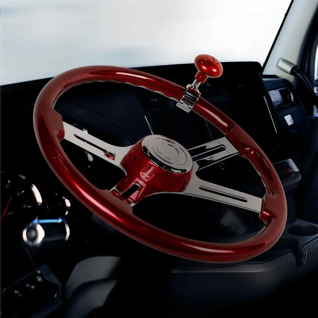 18" Candy Red 4-Spoke Steering Wheel Full Kit - High Quality Steel Chrome Plated Set with Hub and Horn Assembly, Fits Peterbilt 06-22, Kenworth 03-22