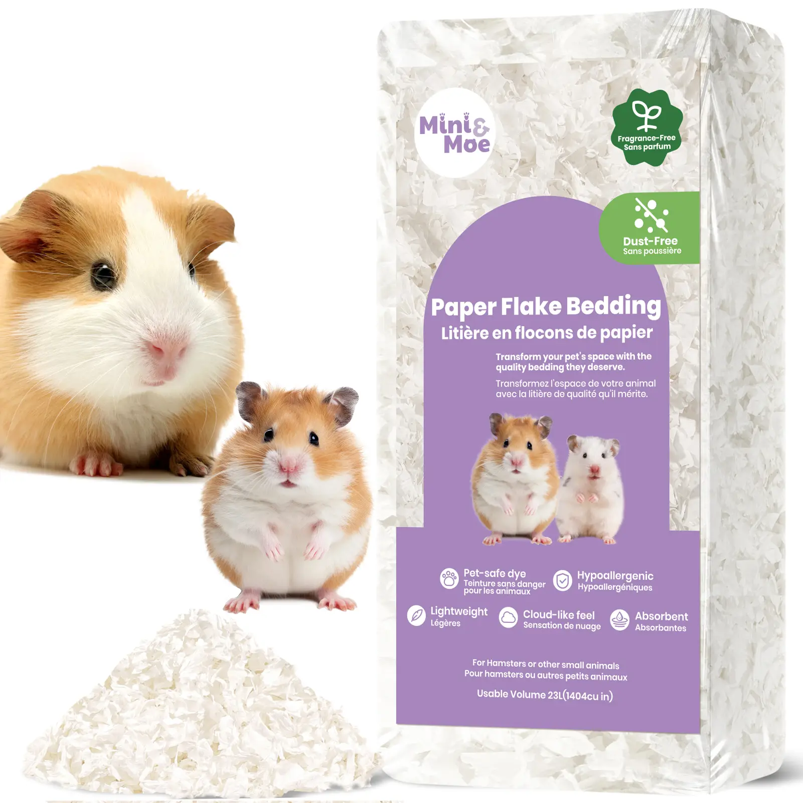 Mini & Moe Hamster Paper Bedding for Small Pets - 23L & 50L Sizes, Dust-Free & Soft, Hypoallergenic, Safe and Natural Paper Small Pet Bedding
