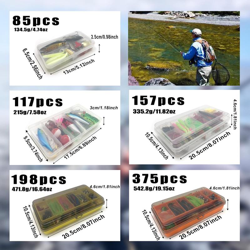 Artificial Fishing Lure Kit, 85, 117, 157, 198 or 375-Piece Fishing Lure Set with Spoon Lures, Soft Plastic Worms, Crankbait Jigs and Fishing Hooks, Fishing Accessories