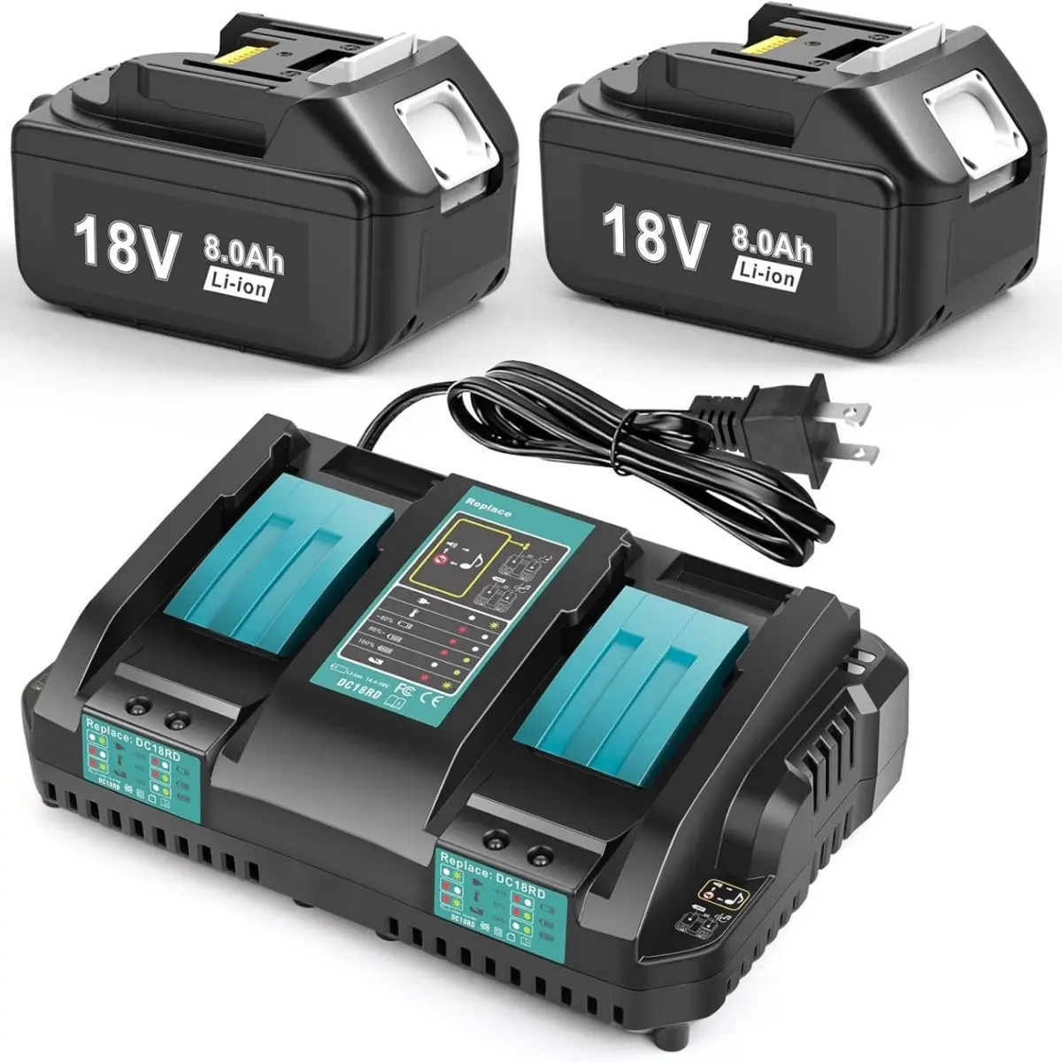 2Pack 8.0Ah Lithium-ion Replacement for Makita 18V Battery and Rapid Dual Charging Port Charger Compatible with Makita Battery 18V BL1815 BL1830 BL1840 BL1850 BL1860
