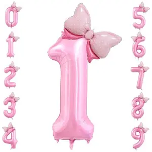 40 inch Number 1 Balloon with Bow Pink Happy Birthday Jumbo Number Balloon for Girls Daughter Birthday Decorations Party Supplies (Number 1)