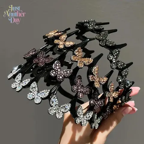 Women's Elegant Wavy Headband - Non-Slip Metal Butterfly Crystal Accents, Lightweight Durable Plastic Hair Accessory for Everyday Wear, Weddings | Headbands for Women Accessories, Accessories For Women