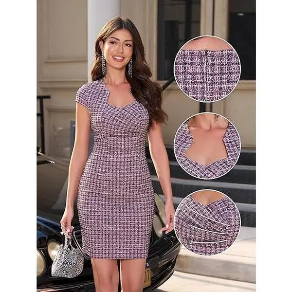 M.Infisavo Women’s Pencil Dress with Cap Sleeves – Gorgeous Patterned Tweed Sheath Dress