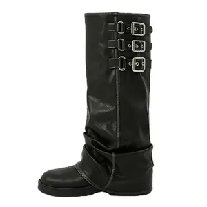 Women Slouchy Knee High Boots Casual Round Toe Pull On Riding Biker Boots Fold Over Chunky Low Heel Platform Boot Hook design