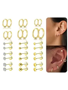 15 Pairs 20G Surgical Steel Flat Back Earrings Set for Multiple Piercing Small Tiny Ball CZ Geometry Stud Hoop Huggie Screw Back Cartilage Earring for Women Men Gold Silver Tone