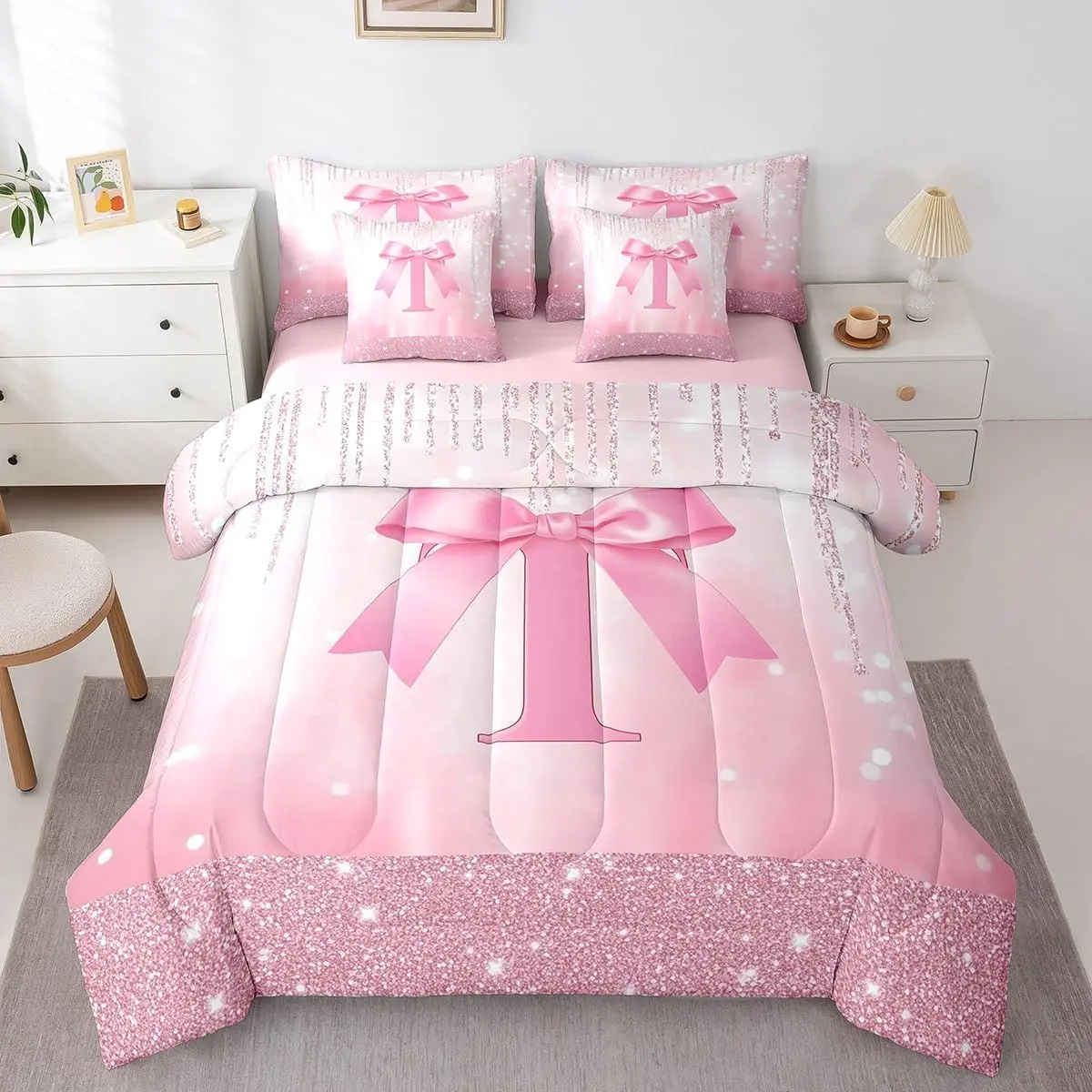 Boys Pink Bowknot 7 Pieces Bedding Set,Personalized Initial T Comforter Set with Sheets Princess Glitter Bed in A Bag Bow Monogrammed Bed Set Bedroom Decor 7Pcs