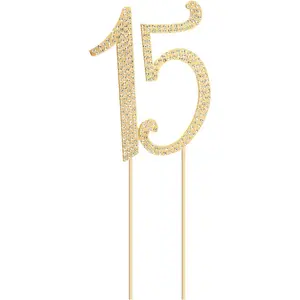 F-PSD11 15 Birthday Cake Topper Sparkly Bling Alloy Crystal Rhinestones Cake Topper Cake Decoration for 15th Birthday or Anniversary Party (Gold) Set Ornaments
