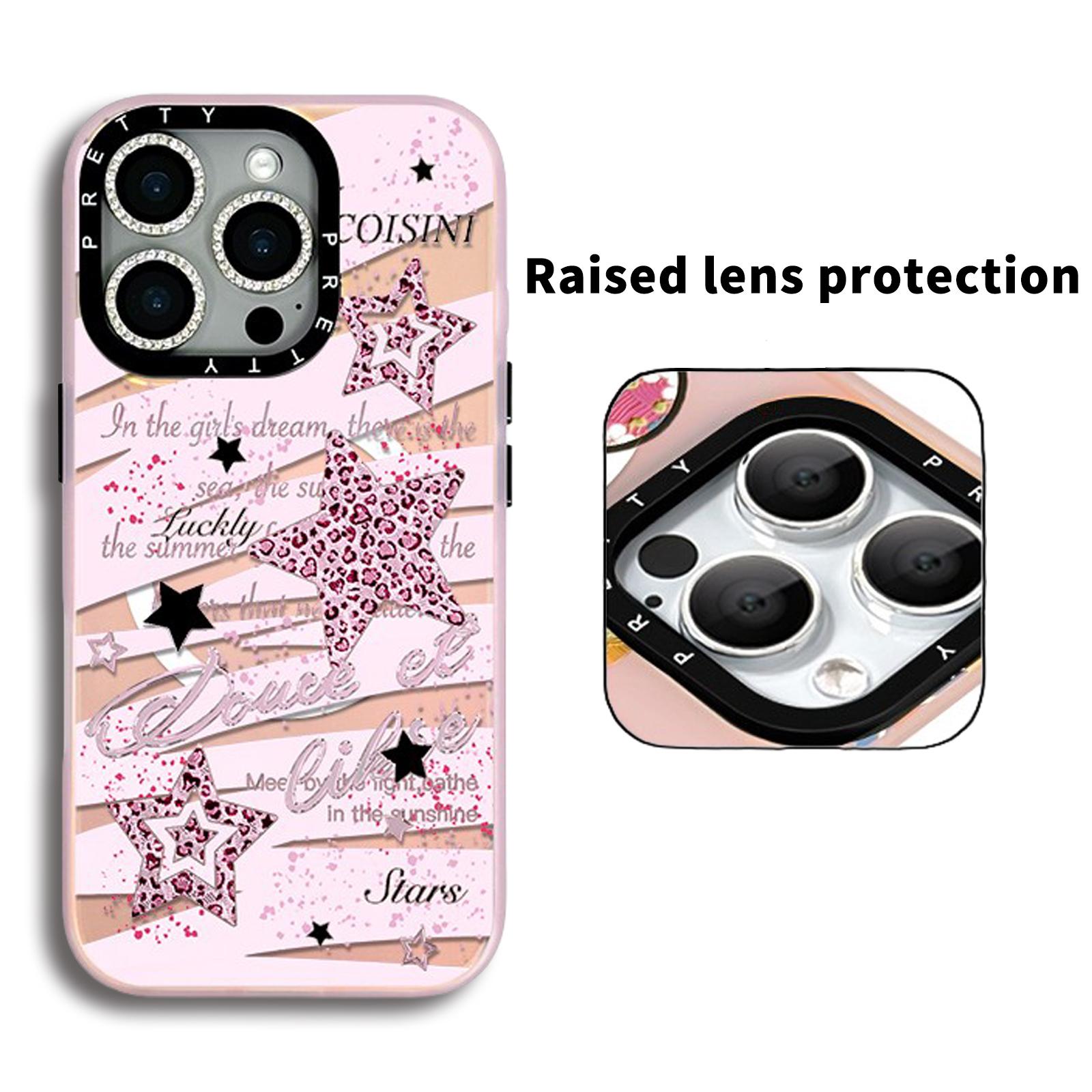 Leopard print star fashion pattern phone case for iPhone 17 Pro Max, 16 Pro, 15, 14, 13, 12, and 17 Air.  Features 3D embossed pattern, full protection, and anti-drop design. A perfect holiday gift for women.