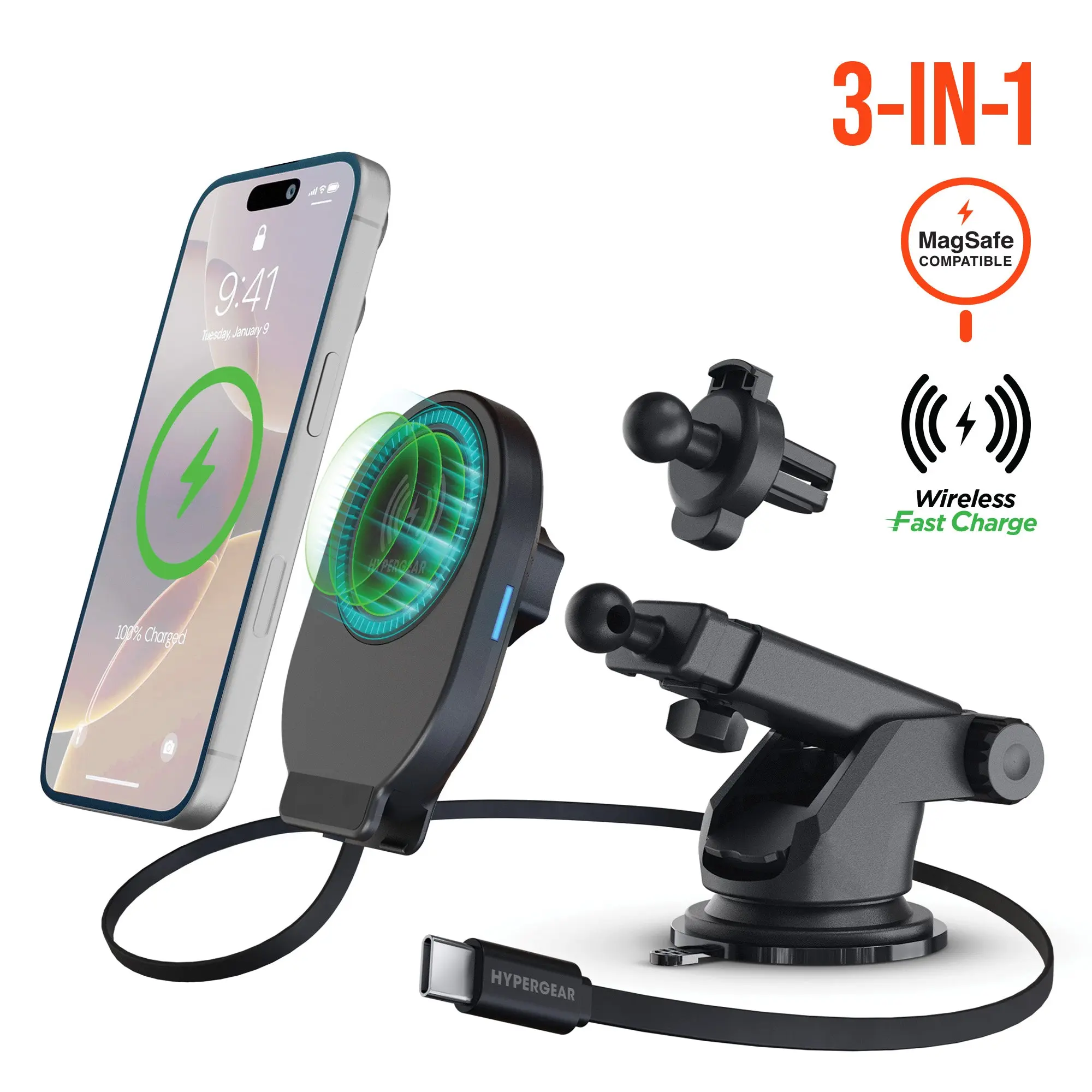 Magnetic Grip 3-in-1 Car Phone Holder & Mount Kit - 15W Wireless Power, Retractable Cable, MagSafe Compatible, Universal Fit, Adjustable, Vent-Dashboard-Window Mount, Rotatable Head for Hands-Free Drive & Wireless Chargers, Black