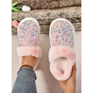 Women's Baroque Sequin Decor Plush Slippers, Casual Soft Comfortable Home Slippers, Warm Slippers for Indoor & Outdoor Use for Fall & Winter, Non Slip Slippers